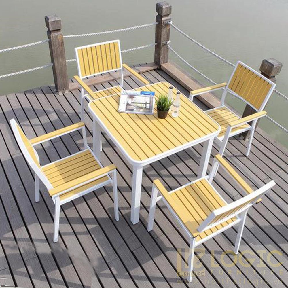 Bộ bàn ghế vuông composite ngoài trời nan màu vàng gỗ BCP-8080Y